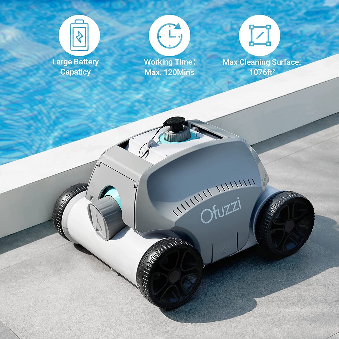 Ofuzzi Cordless Robotic Pool Cleaner, Max.120 Mins Runtime, Gray