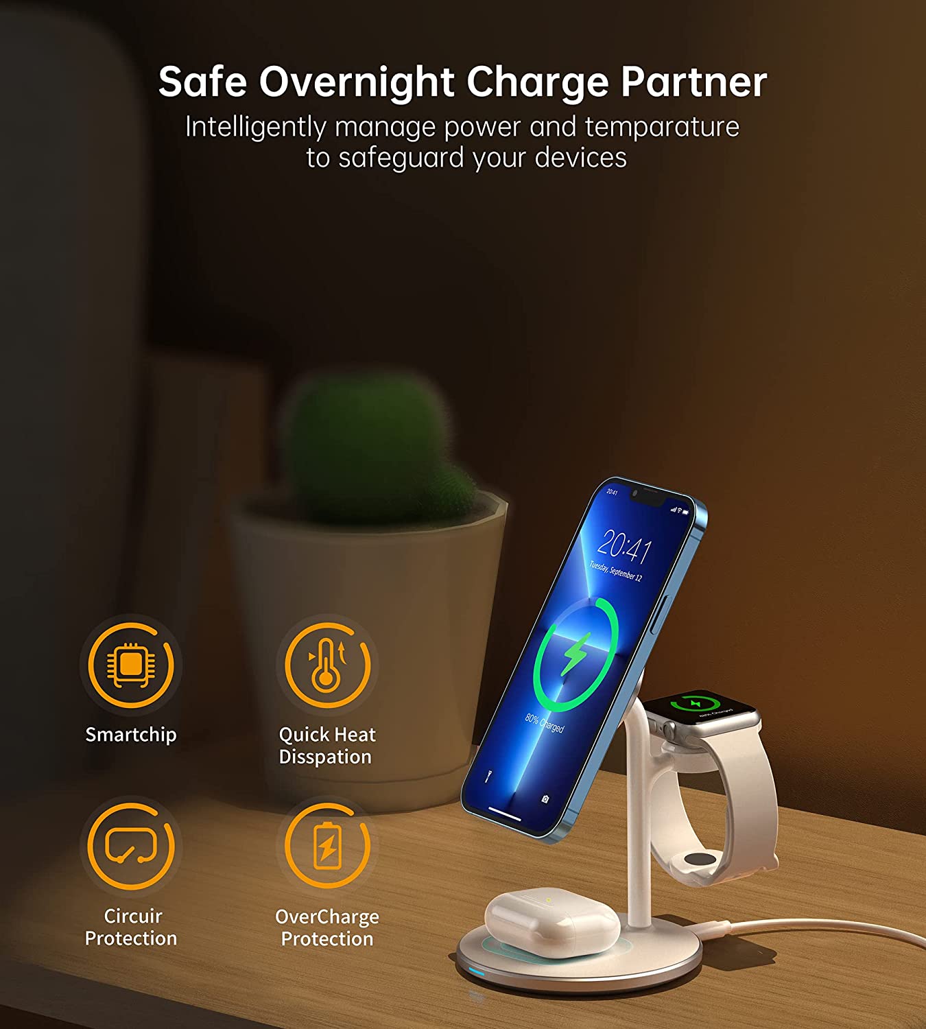 3 in 1 Wireless Charging Station for Multiple Devices, 15W Fast White