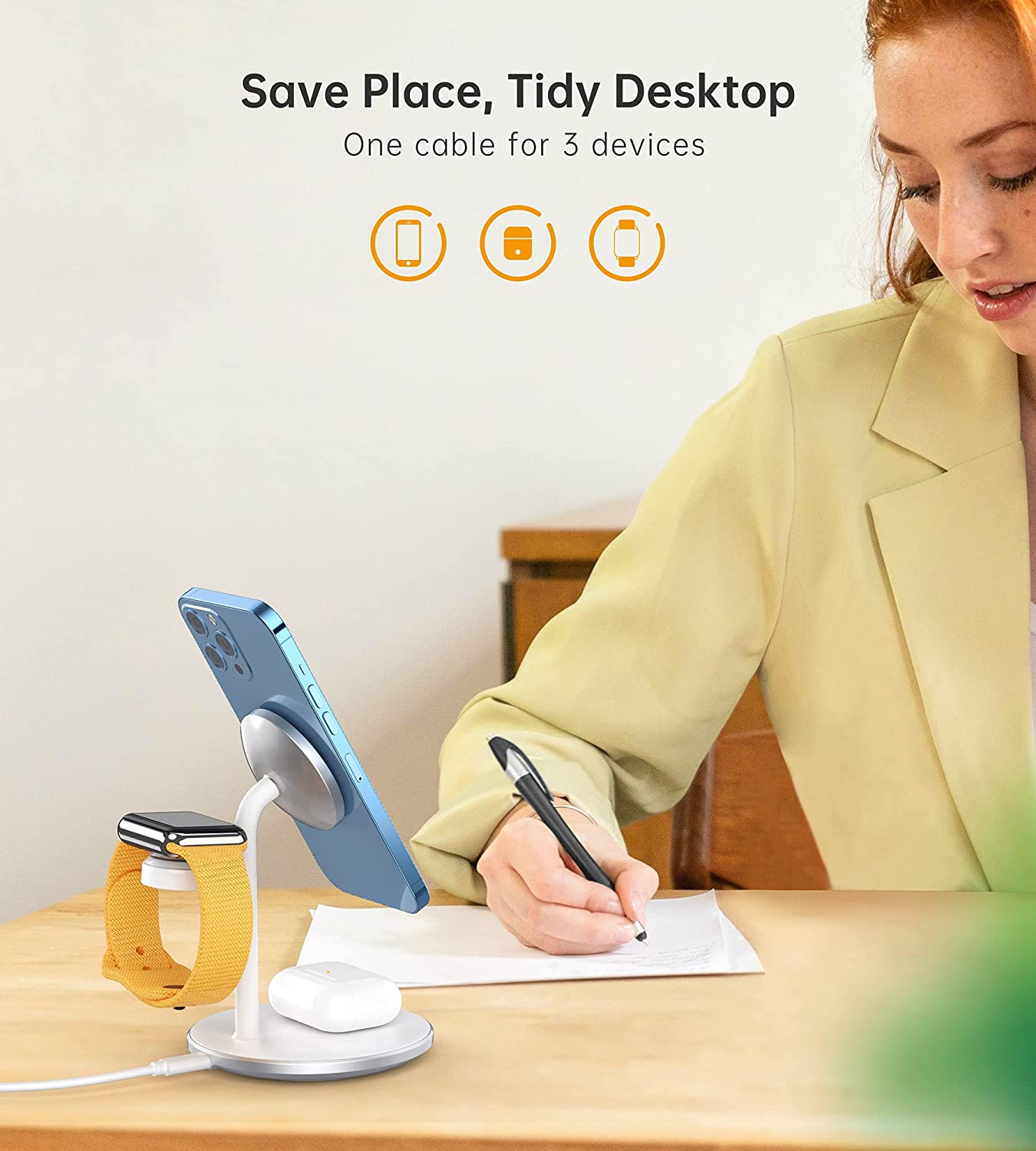 3 in 1 Wireless Charging Station for Multiple Devices, 15W Fast White