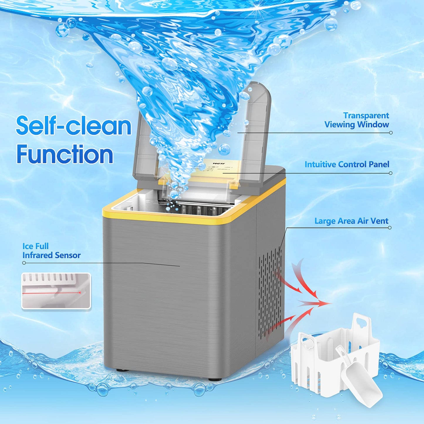 VECYS Countertop Ice Maker Machine, 9 Bullet Cubes Sport series, Yellow