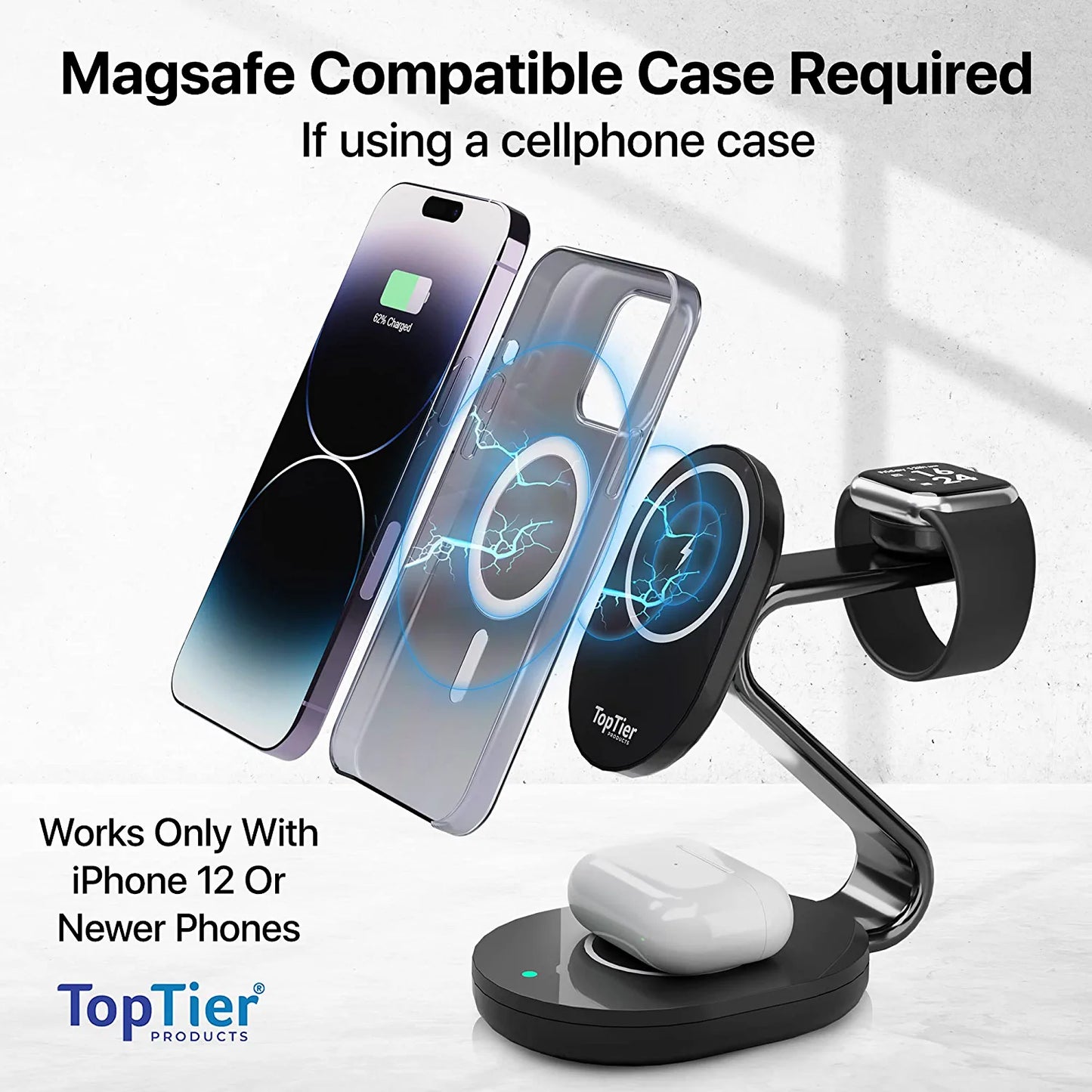 TopTier 3 in 1 Magsafe Wireless Charging Station, Metal Design, iPhone Black