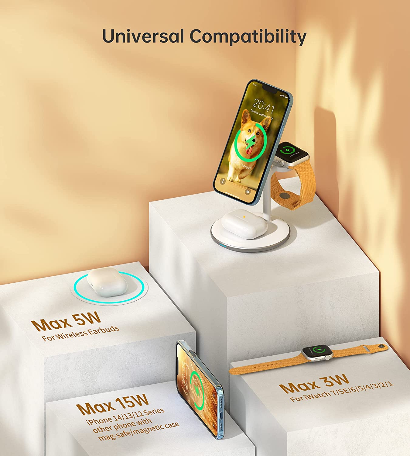 3 in 1 Wireless Charging Station for Multiple Devices, 15W Fast White