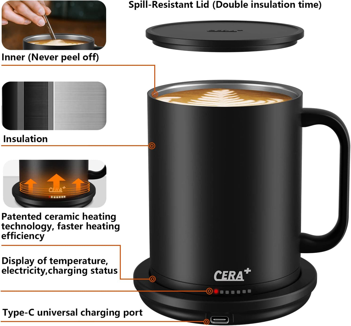 CERA+ Temperature Control Smart Mug with Lid, 14oz, Self Heating, 1.5-hr...