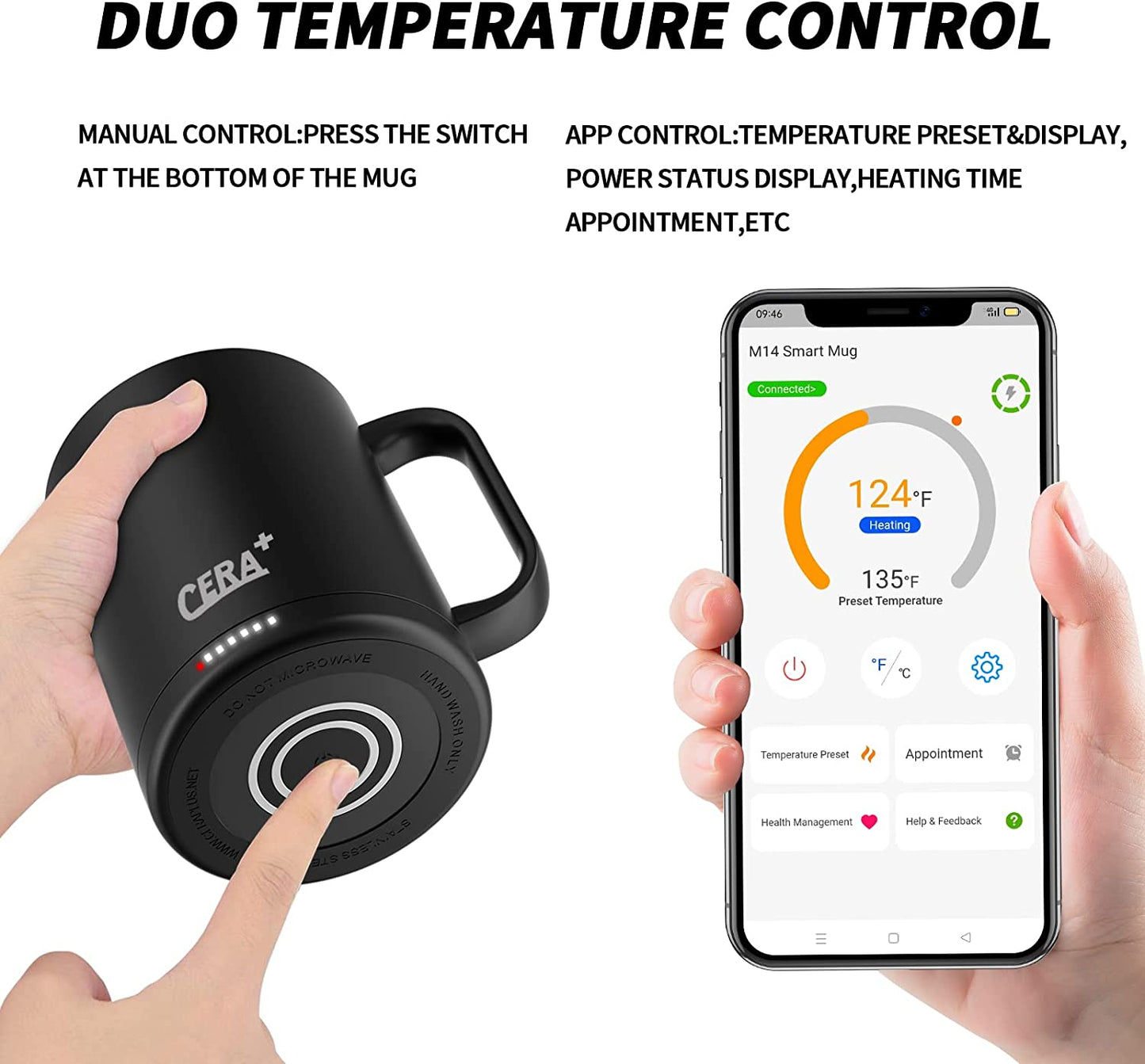 CERA+ Temperature Control Smart Mug with Lid, 14oz, Self Heating, 1.5-hr...