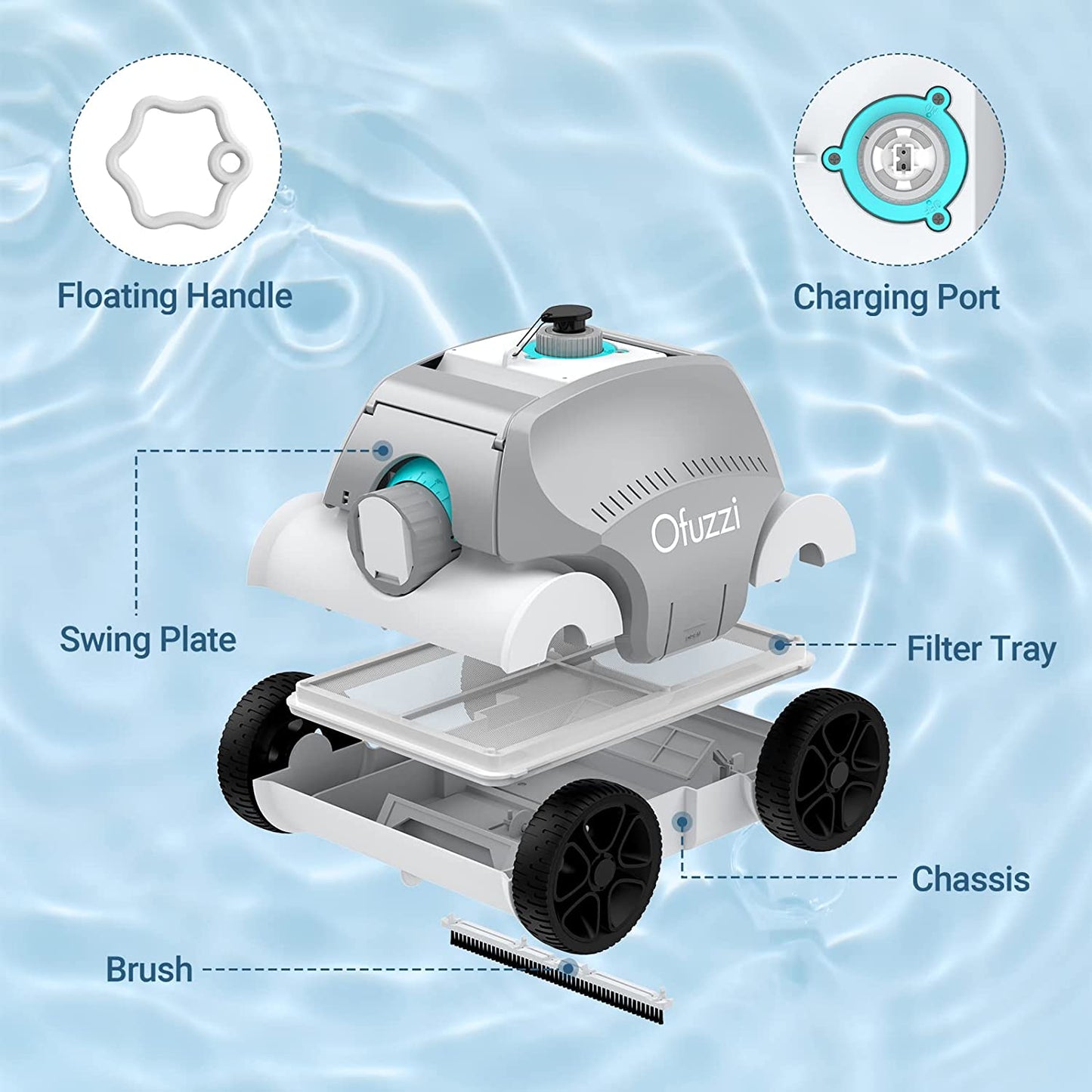 Ofuzzi Cordless Robotic Pool Cleaner, Max.120 Mins Runtime, Gray