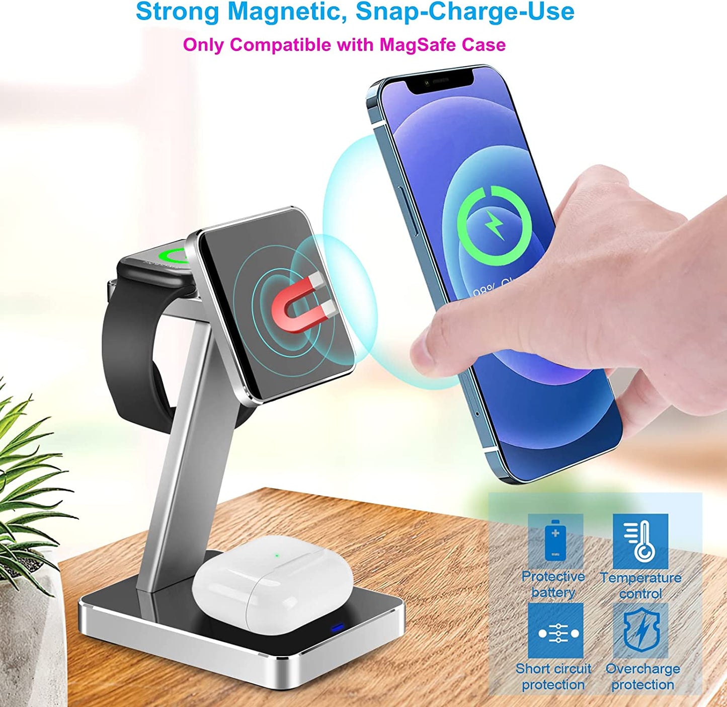 Aluminum Alloy 3 in 1 Magnetic Wireless Charger,15W Fast Silver