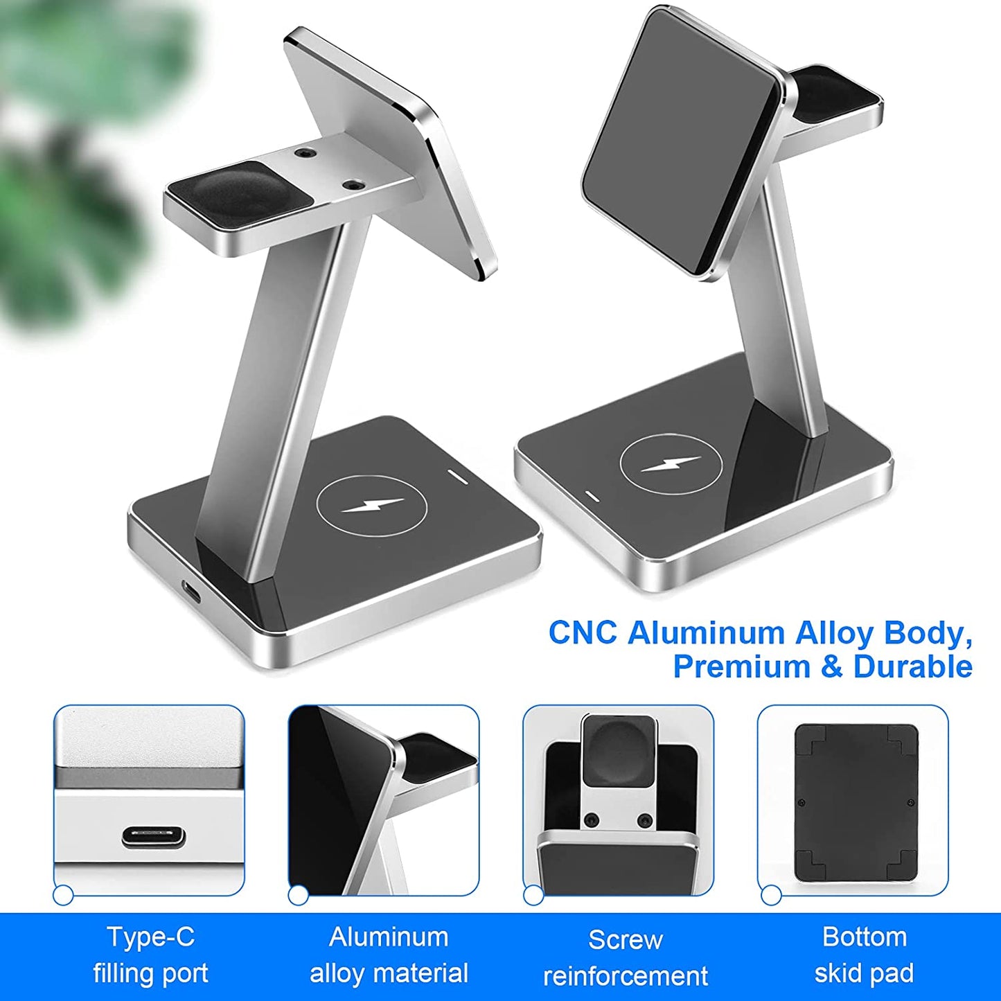 Aluminum Alloy 3 in 1 Magnetic Wireless Charger,15W Fast Silver