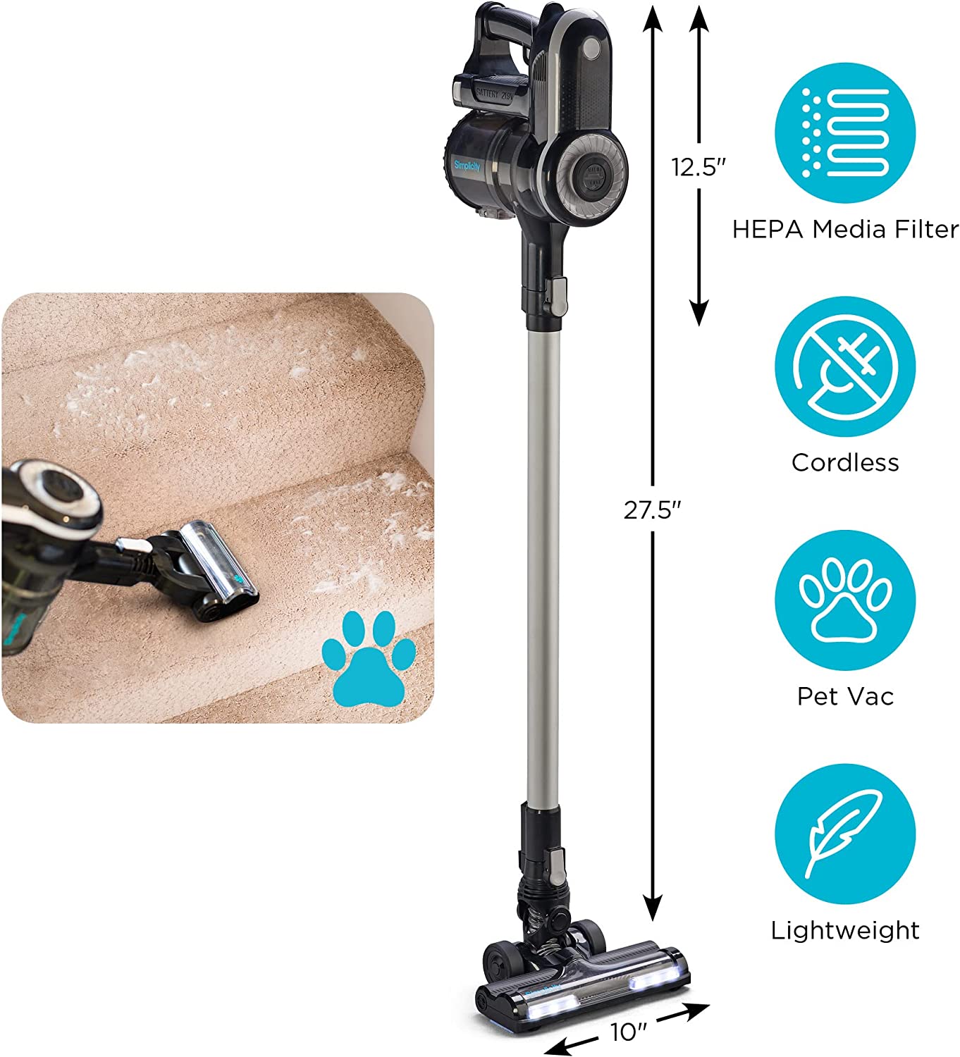 Simplicity S65D Cordless Vacuum Cleaner Pet Hair Deluxe, Lightweight Black