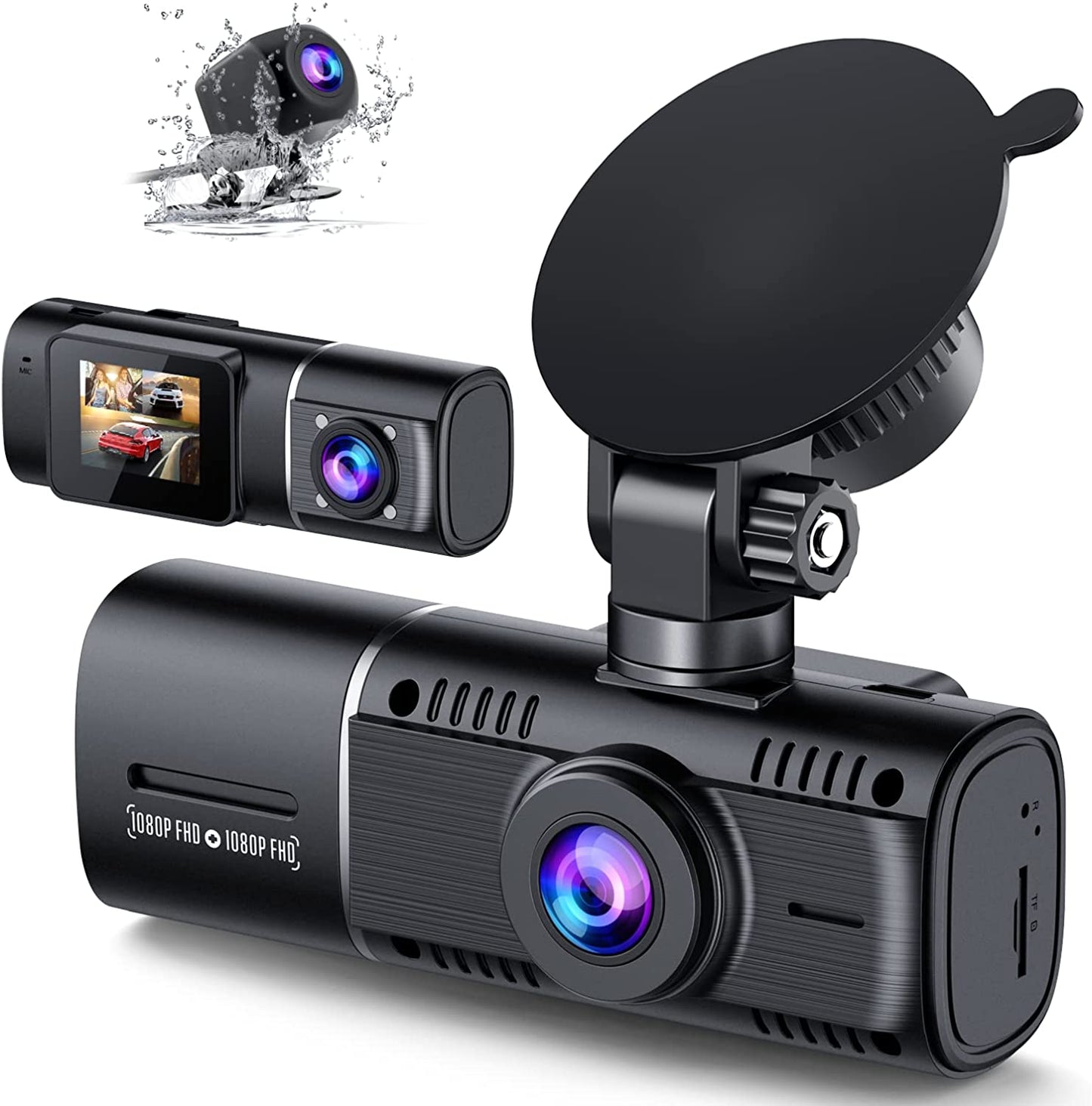 LAMTTO 3 Channel Dash Cam Front and Rear 1080P+720P+720P Car Camera IR Black