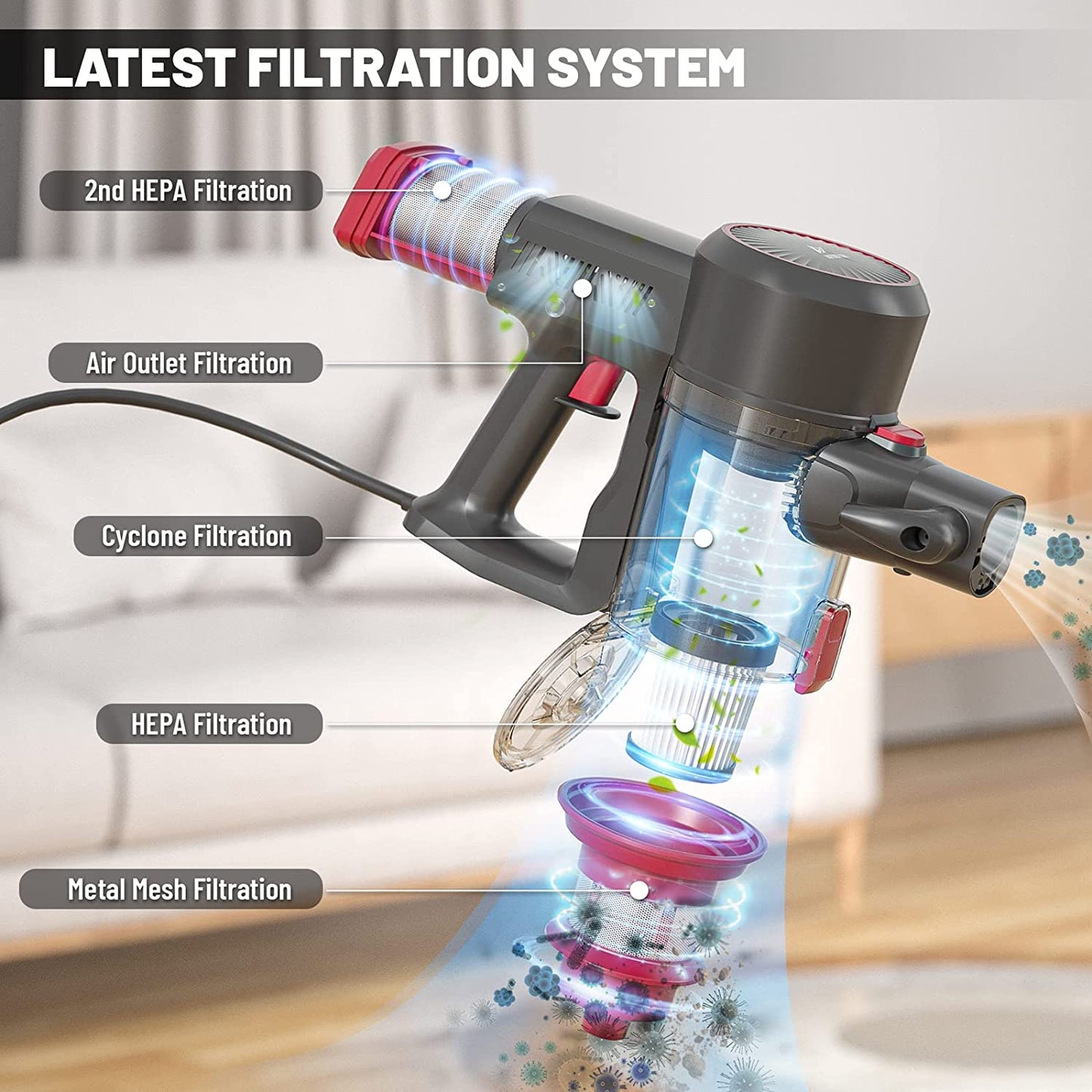 Afoddon Corded Stick Vacuum Cleaner, 600W 20Kpa with Red