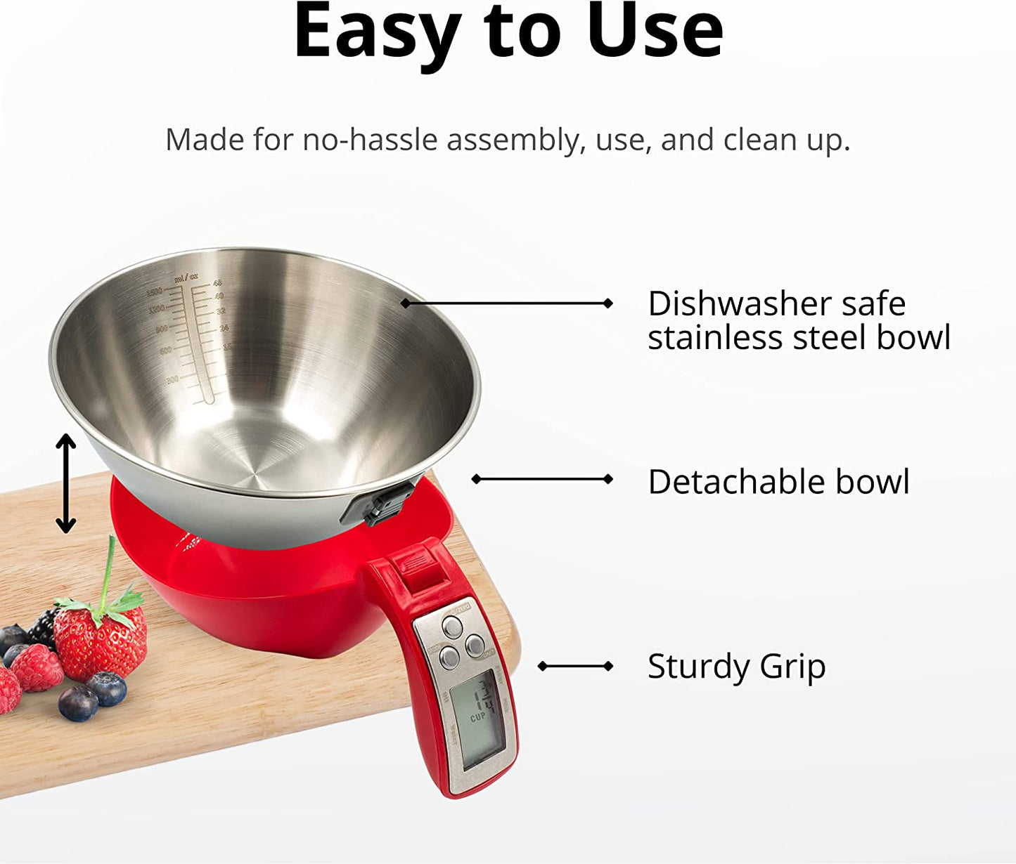 Fradel Digital Kitchen Food Scale with Bowl (Removable) and Measuring Cup Red