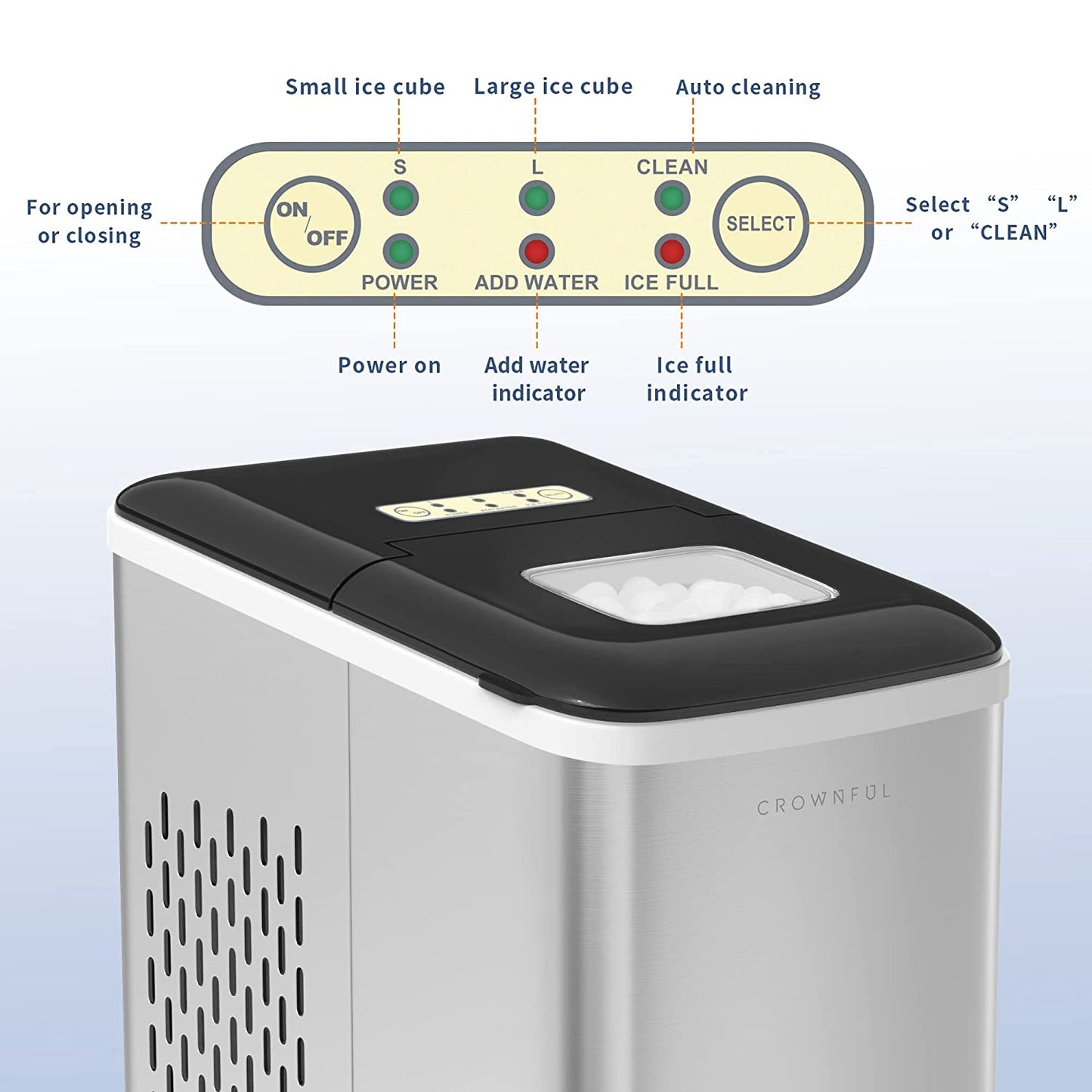 CROWNFUL Ice Maker Machine for Countertop, 9 Bullet Cubes Small, Silver