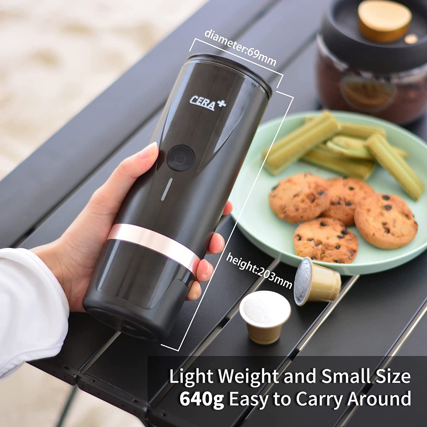 CERA+ Portable Mini Espresso Machine, 12V/24V Rechargeable Car Coffee Black