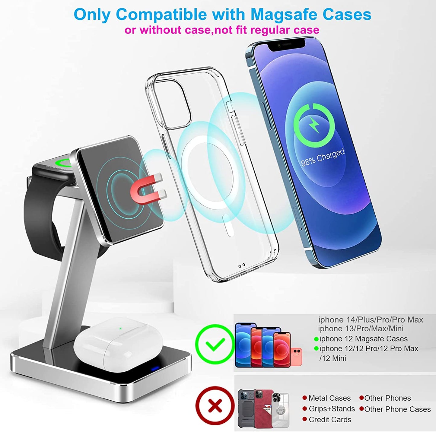 Aluminum Alloy 3 in 1 Magnetic Wireless Charger,15W Fast Silver