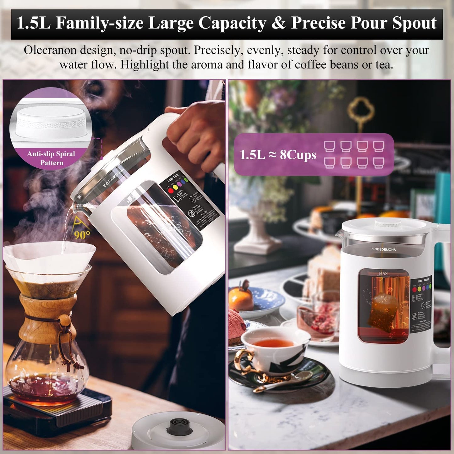 Electric Kettle, Intelligent Temp Control, One Wipe Clean, 5 LED Light White