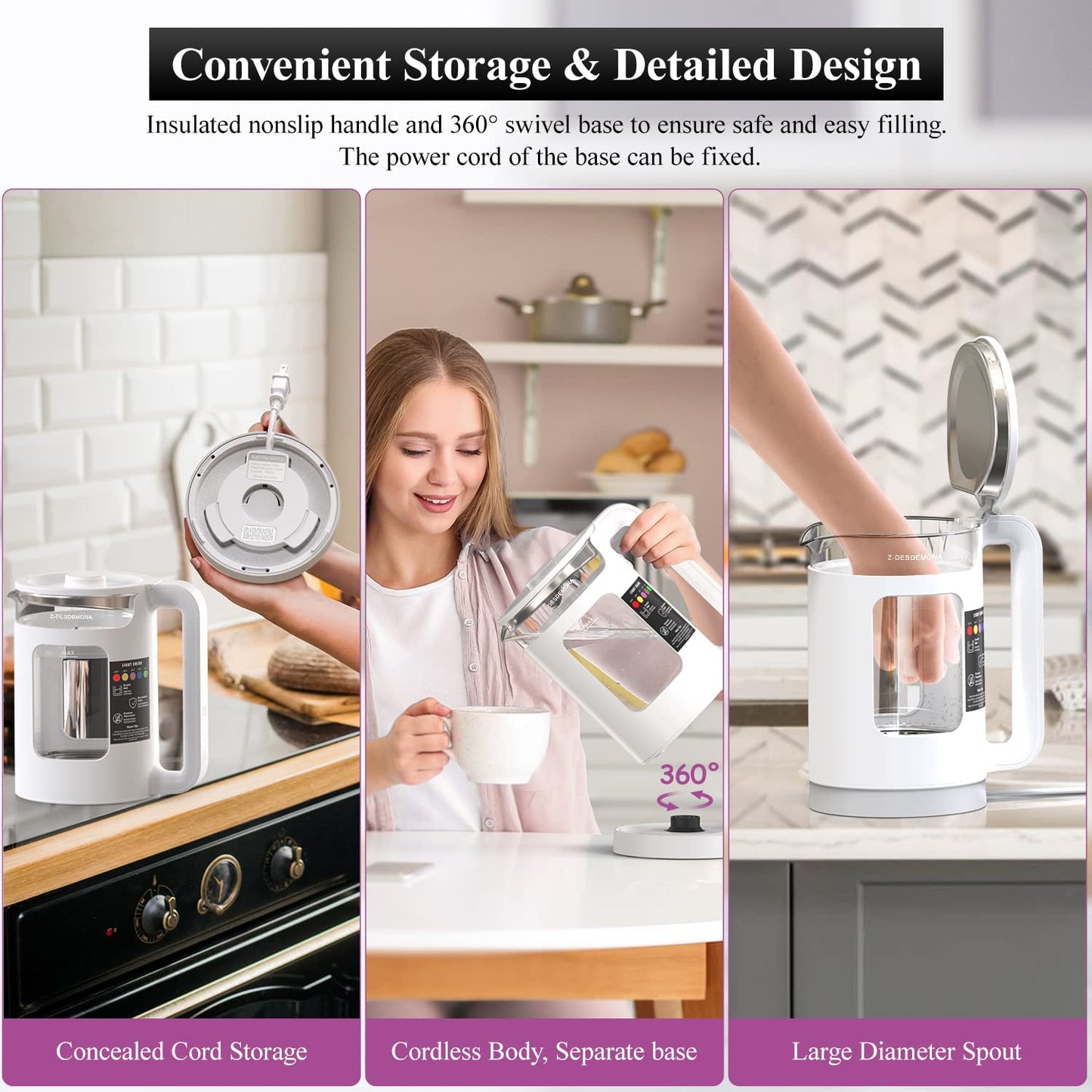 Electric Kettle, Intelligent Temp Control, One Wipe Clean, 5 LED Light White