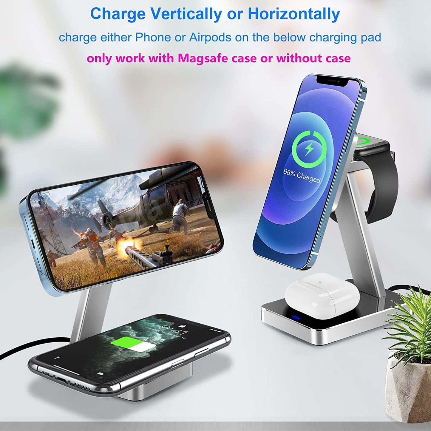 Aluminum Alloy 3 in 1 Magnetic Wireless Charger,15W Fast Silver
