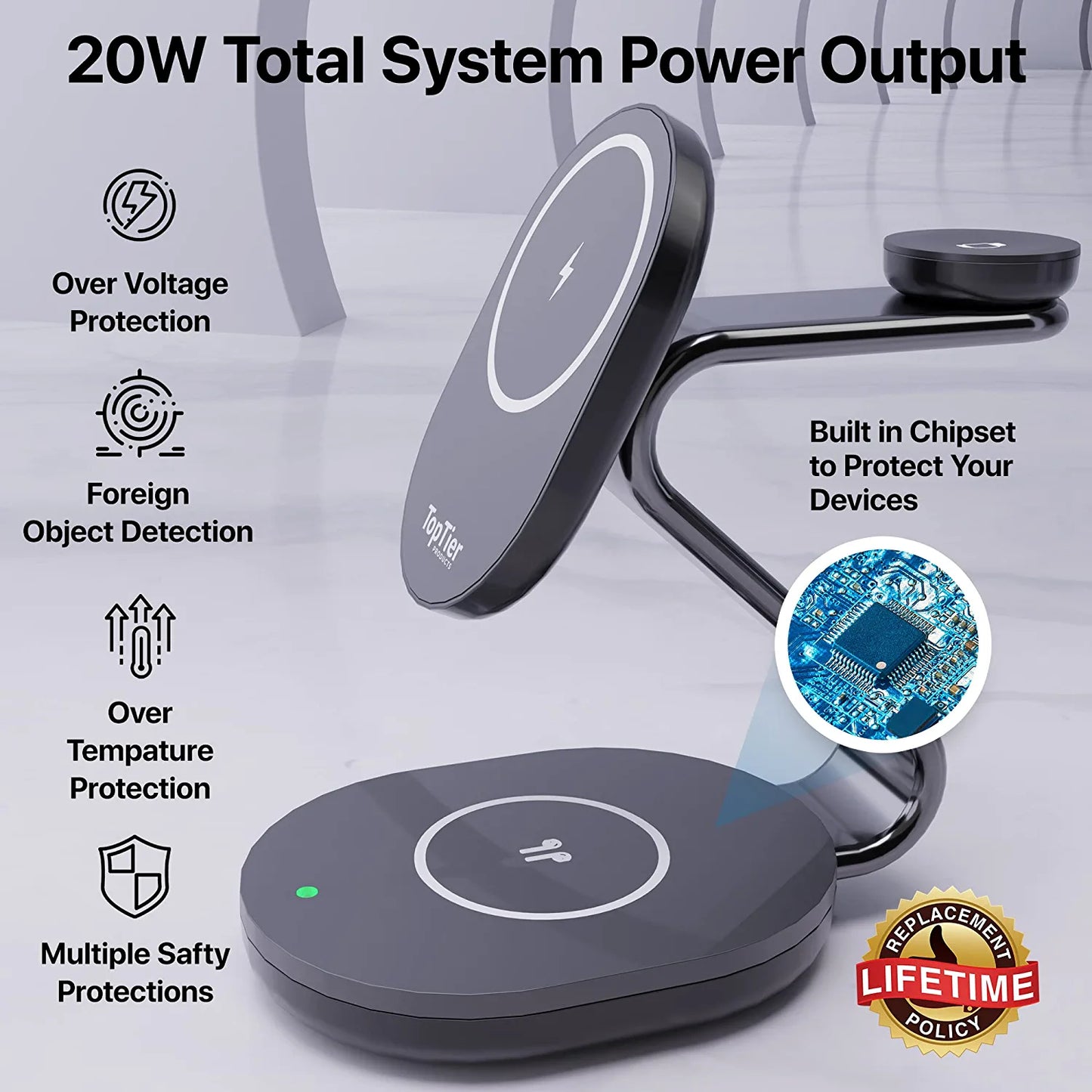 TopTier 3 in 1 Magsafe Wireless Charging Station, Metal Design, iPhone Black