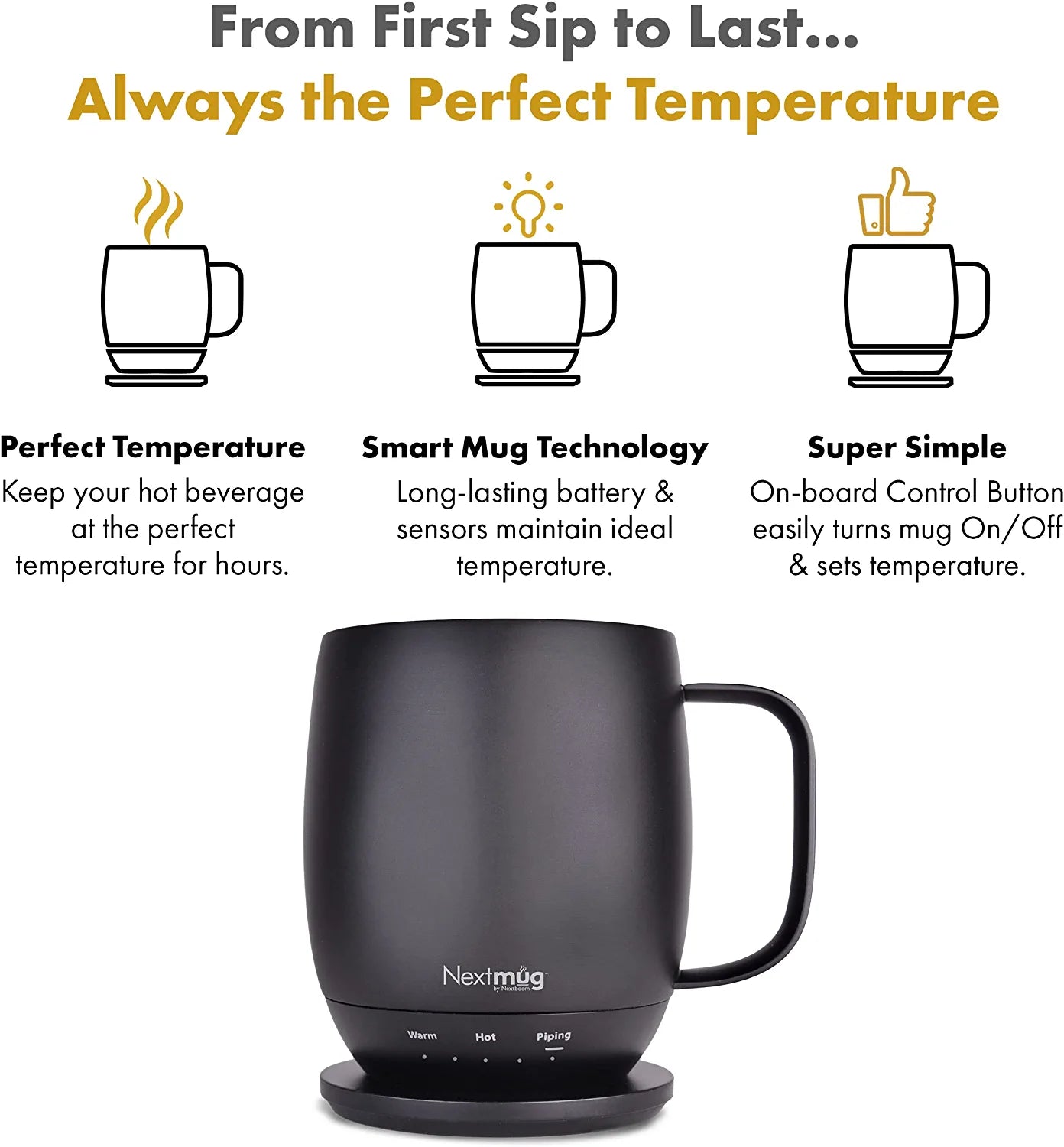 Nextmug - Temperature-Controlled, Self-Heating Coffee Mug (Black - 14 Black