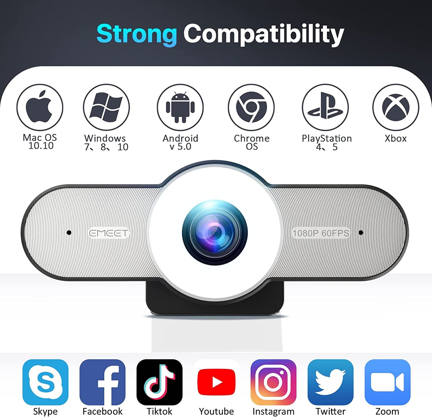 1080P Webcam with Microphone - 60FPS Streaming Camera w/2 Grey
