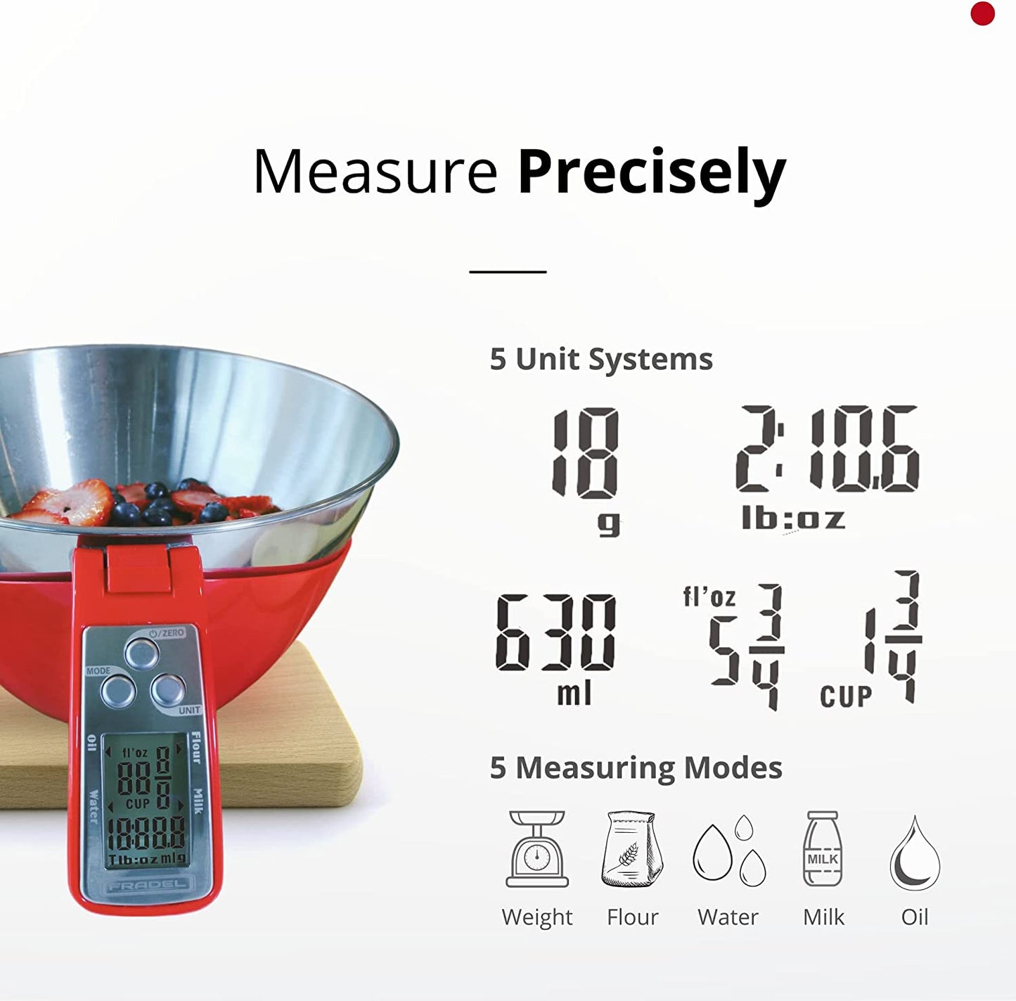 Fradel Digital Kitchen Food Scale with Bowl (Removable) and Measuring Cup Red