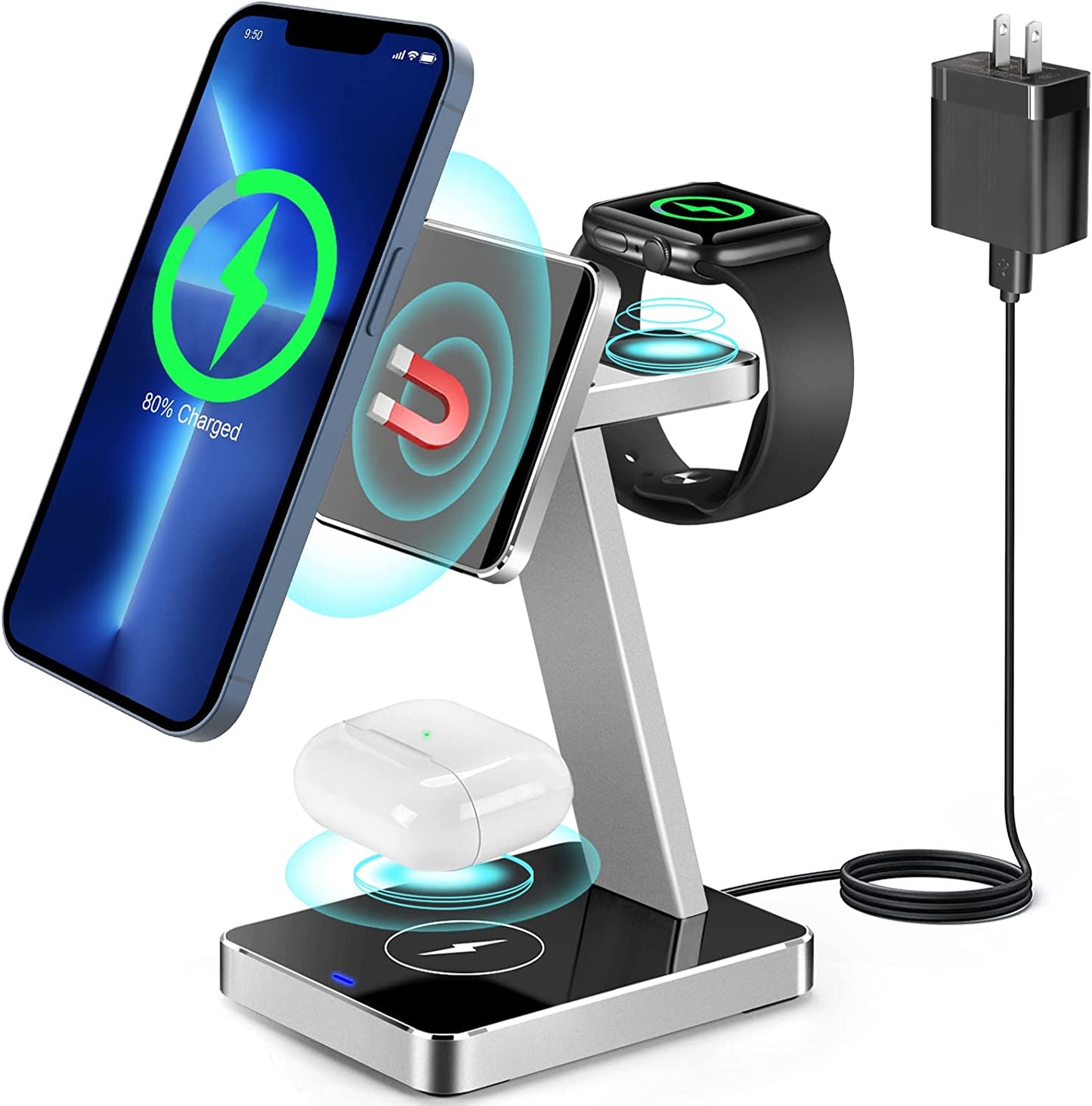 Aluminum Alloy 3 in 1 Magnetic Wireless Charger,15W Fast Silver