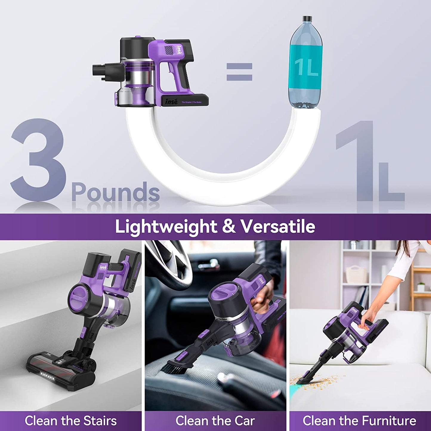 INSE Cordless Vacuum Cleaner, 26Kpa 350W Stick for Purple