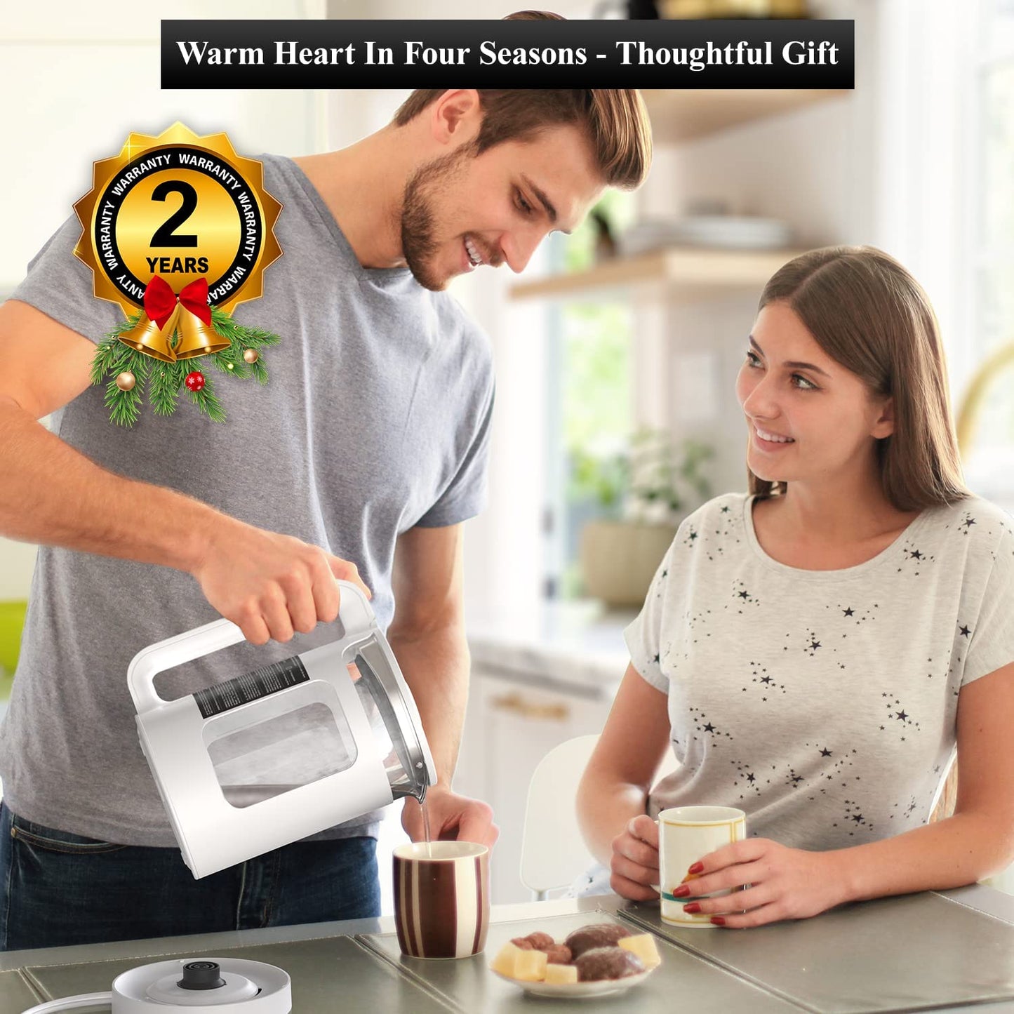 Electric Kettle, Intelligent Temp Control, One Wipe Clean, 5 LED Light White