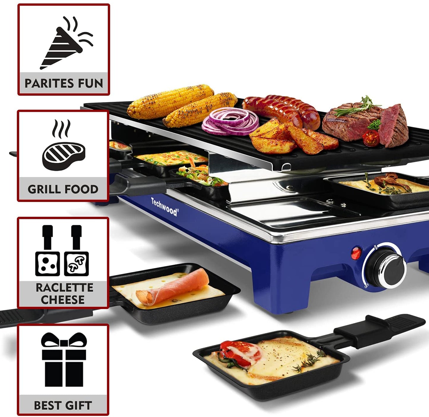 Techwood 1500W Raclette Electric Indoor Grill, 8-Serving 20*7.1*11, Blue
