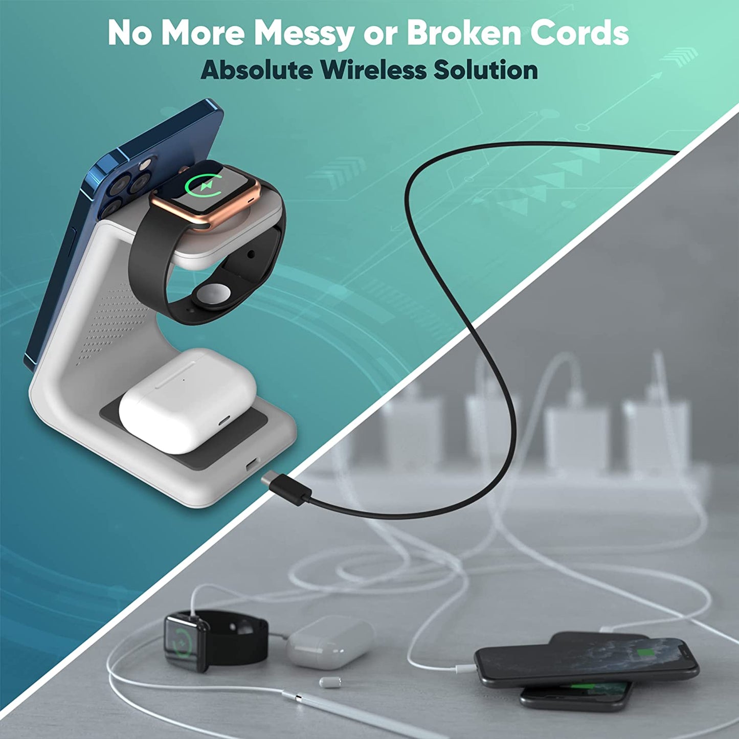 Quezqa Wireless Charging Stand - Fast Charger - 3 in 1 Grey