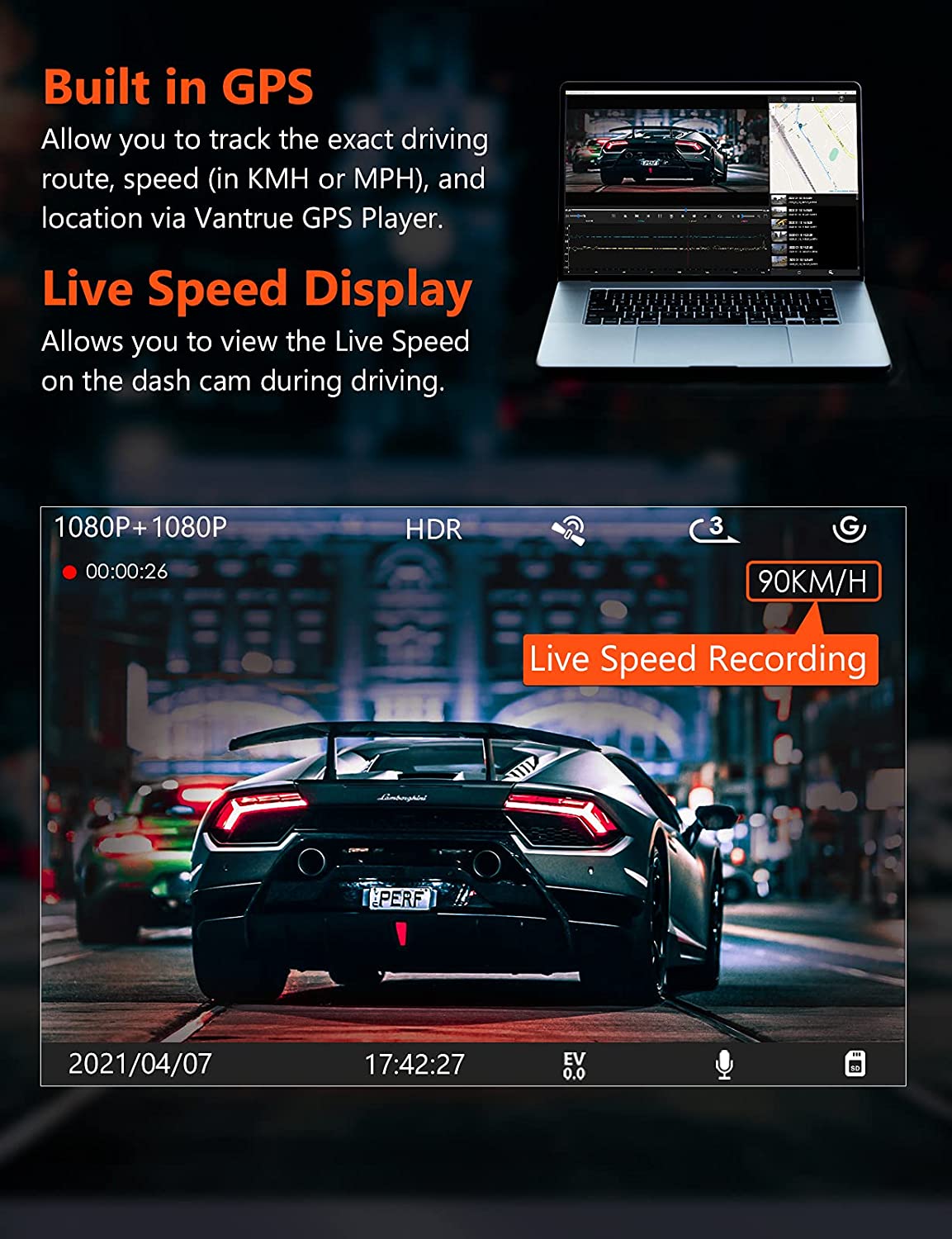Vantrue S1 4K Dash Cam Built in GPS Speed, Front and Rear Dual 1080P Black