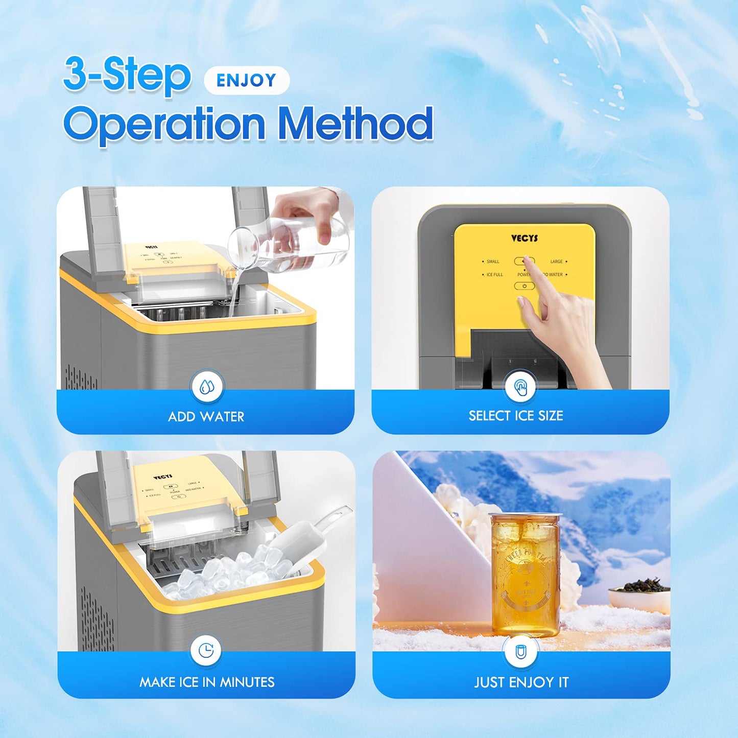 VECYS Countertop Ice Maker Machine, 9 Bullet Cubes Sport series, Yellow