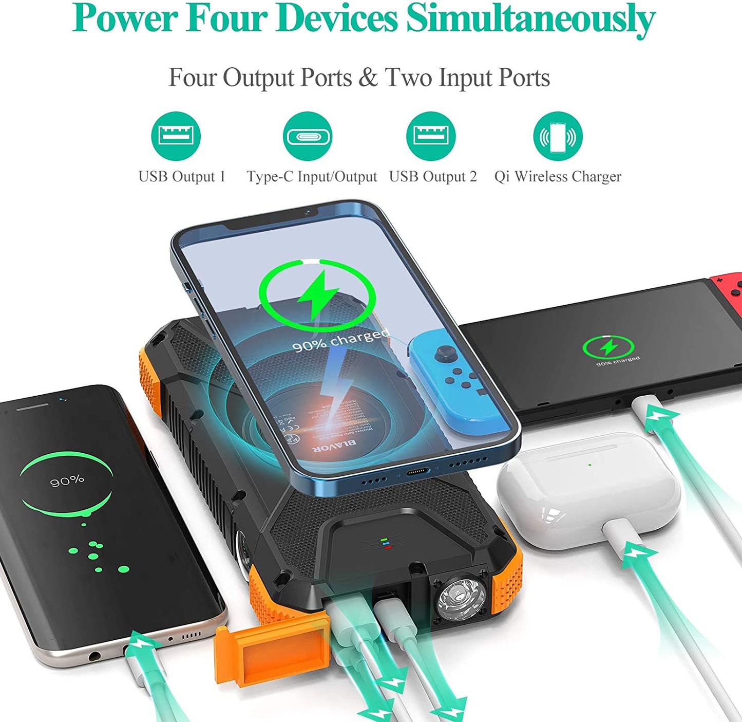 BLAVOR Solar Charger Power Bank 18W, QC 3.0 Portable Wireless Orange