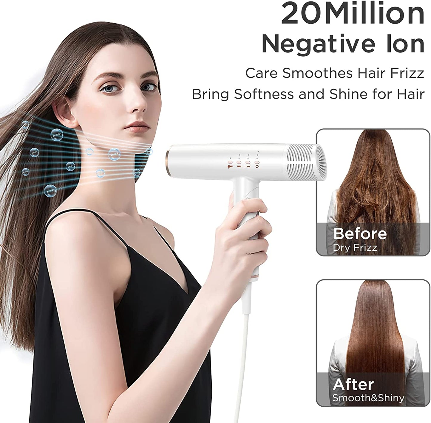 Professional Hair Dryer, 1400W Brushless 2concentrator with Diffuser, White