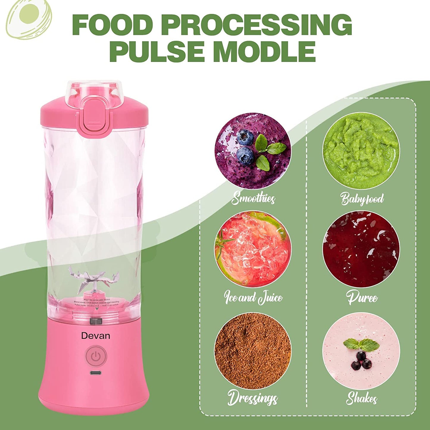 Portable Blender,270 Watt for Shakes and Smoothies Waterproof Blender Pink