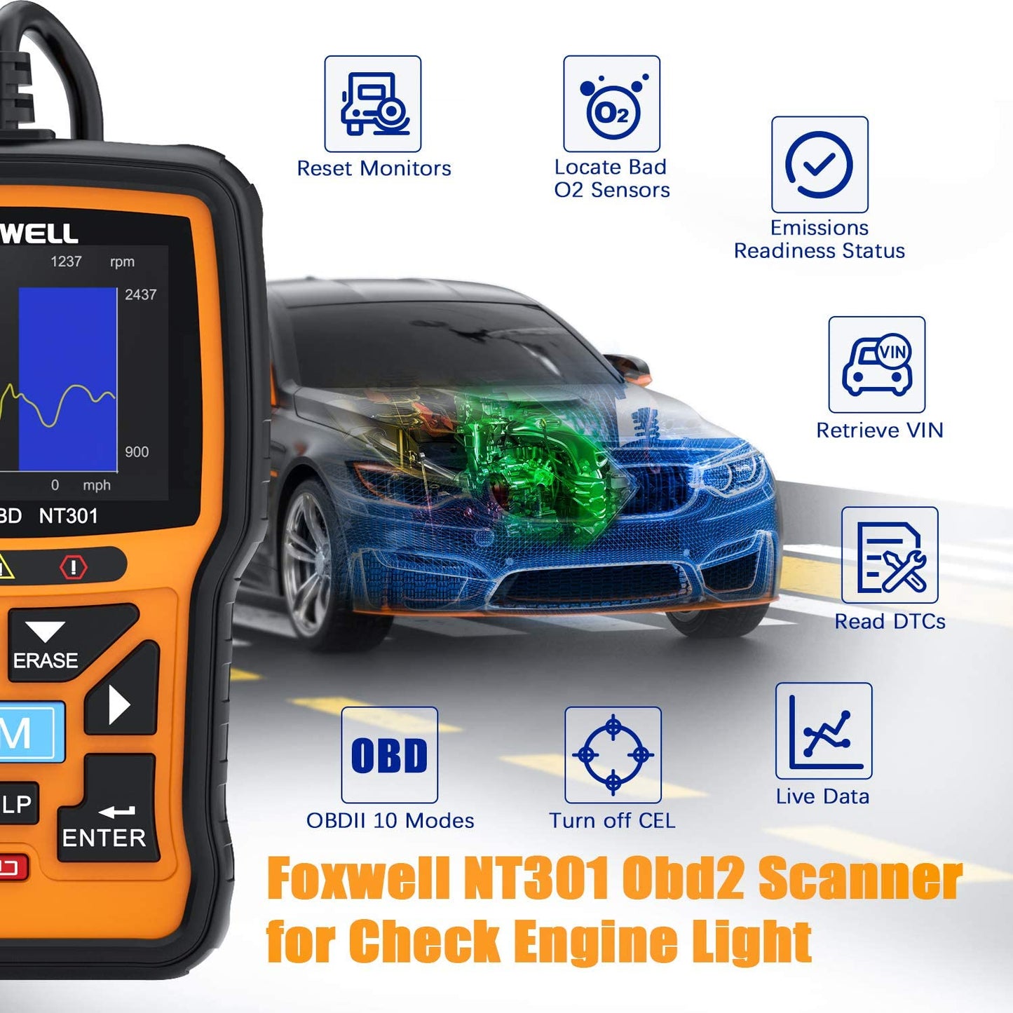 FOXWELL NT301 OBD2 Scanner Live Data Professional Mechanic OBDII Diagnostic...