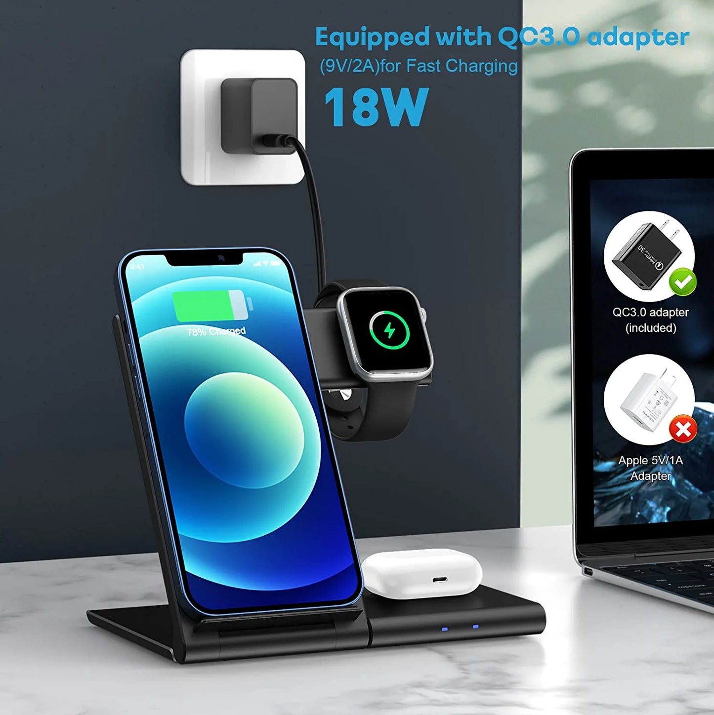 WATOE Wireless Charger 3 in 1 Charging Station for iPhone 14/13/12 Black