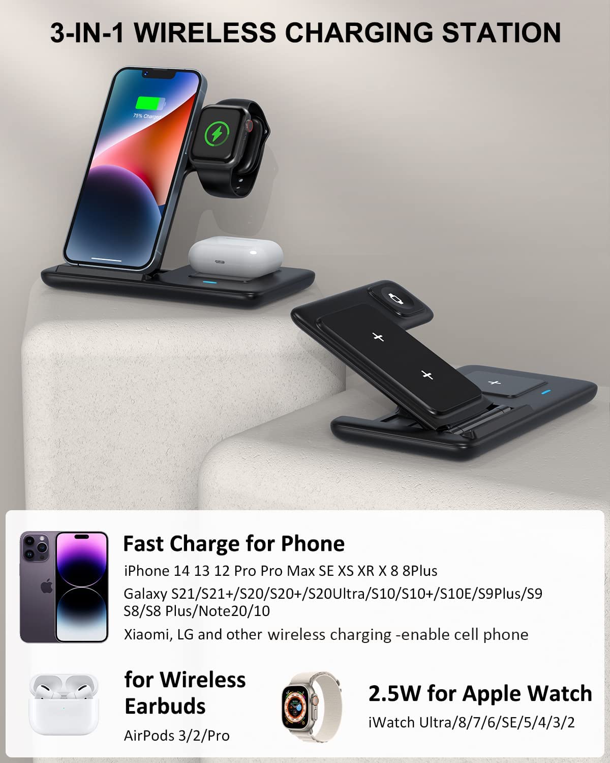 Wireless Charging Station, 3 in 1 Charger Awireless charger -black