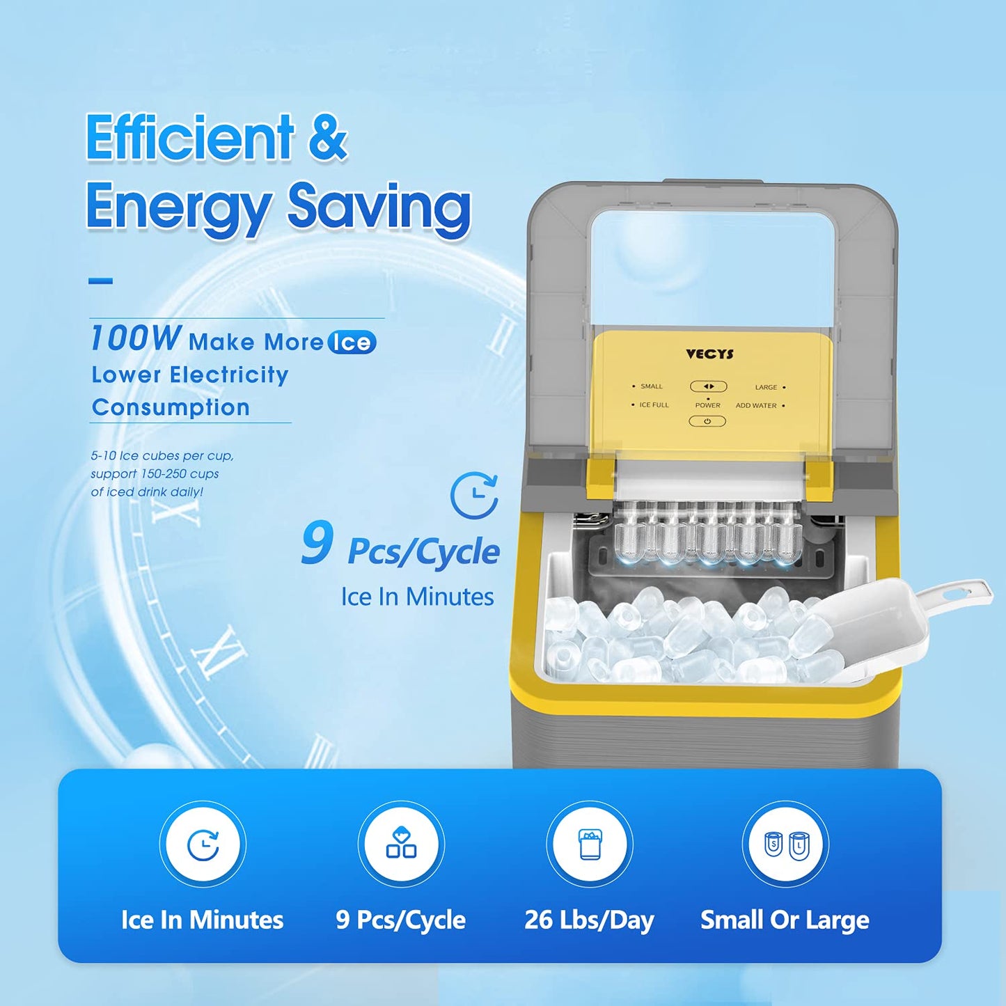 VECYS Countertop Ice Maker Machine, 9 Bullet Cubes Sport series, Yellow