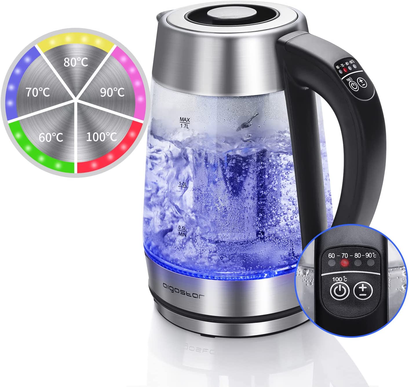 Aigostar Electric Kettle Temperature Control & Tea Infuser 1.7L, Hot Black