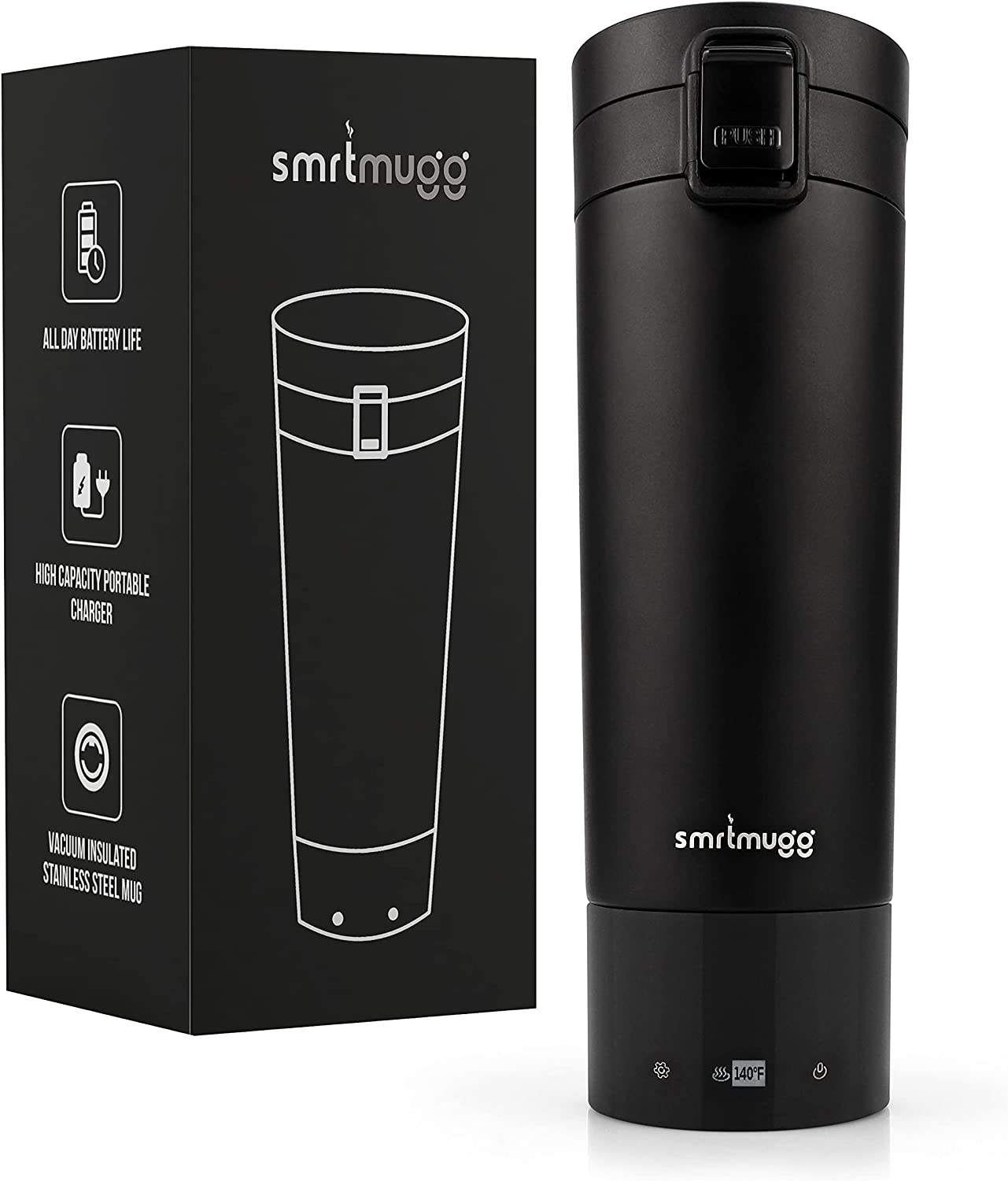 SMRTMUGG Heated Coffee Mug, All Day Battery Life, Black 10 oz.