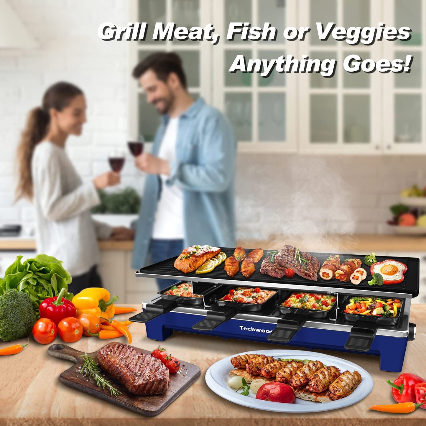 Techwood 1500W Raclette Electric Indoor Grill, 8-Serving 20*7.1*11, Blue