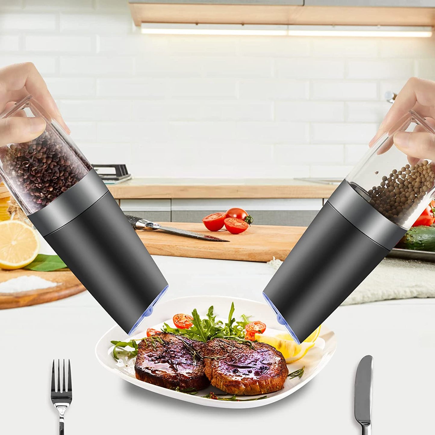 MOVNO Gravity Electric Salt and Pepper Grinder Set of 2 with Blue LED Black