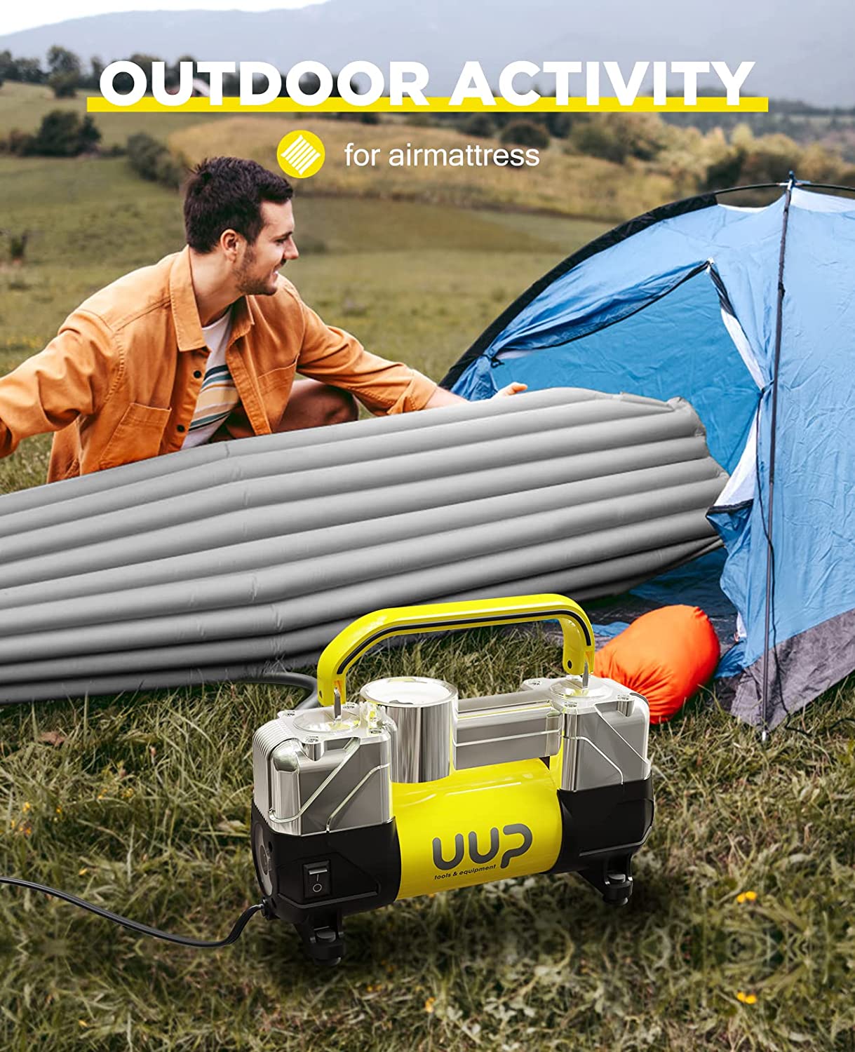 UUP Tire Inflator Air Compressor, 150PSI 12V DC Double Cylinders Heavy Yellow