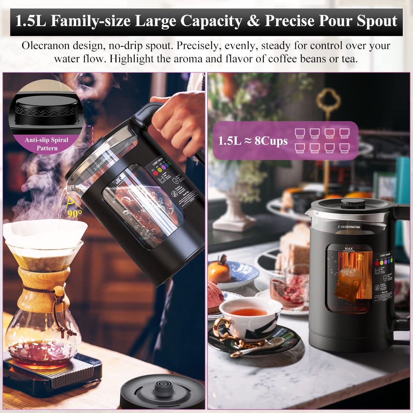 Electric Kettle, Intelligent Temp Control, One Wipe Clean, 5 LED Light Black