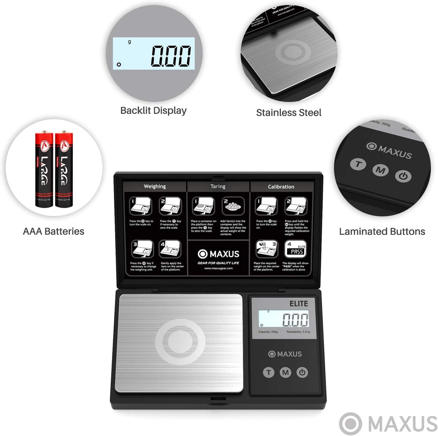 Precision Pocket Scale 200g x 0.01g, MAXUS Elite Digital Gram Black