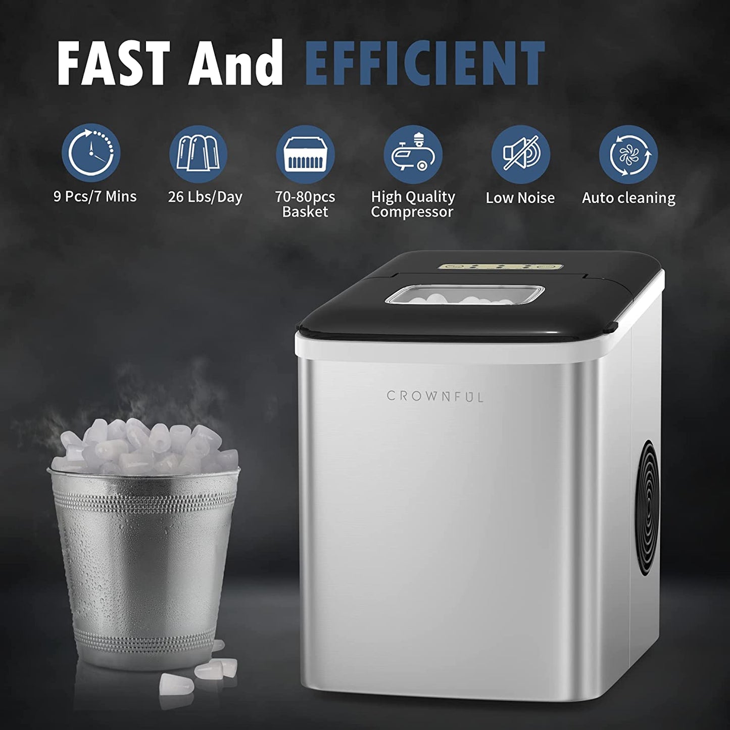CROWNFUL Ice Maker Machine for Countertop, 9 Bullet Cubes Small, Silver