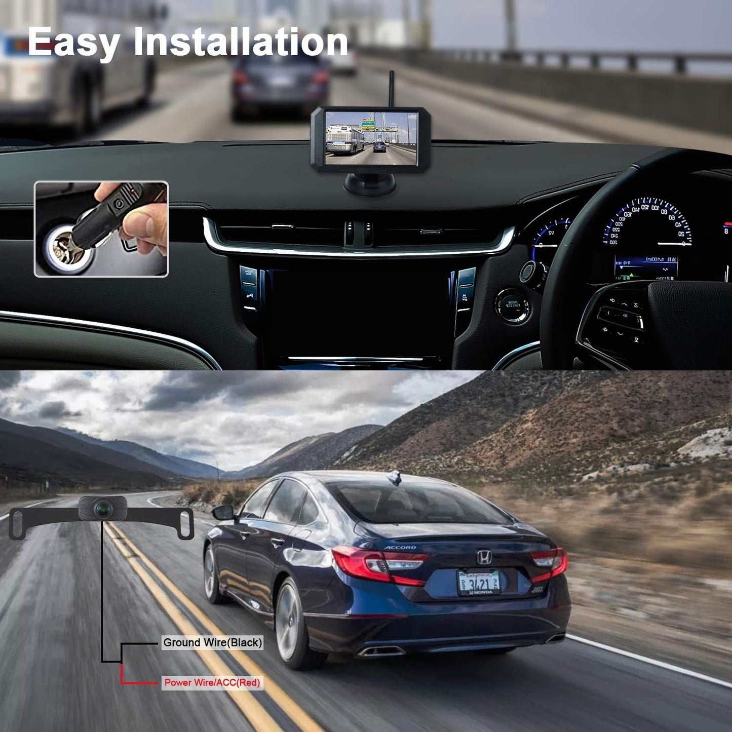 JUNHAOZ 720P HD Digital Wireless Backup Camera System 5inch license plate-cam