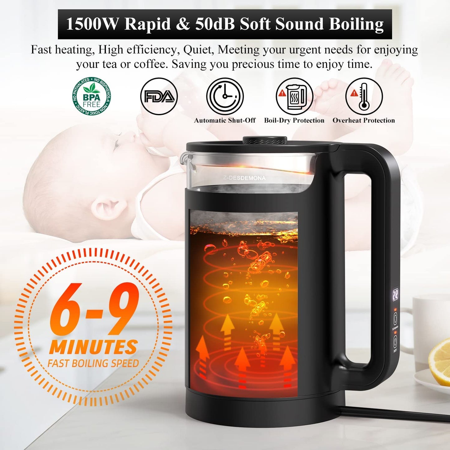 Electric Kettle, Intelligent Temp Control, One Wipe Clean, 5 LED Light Black