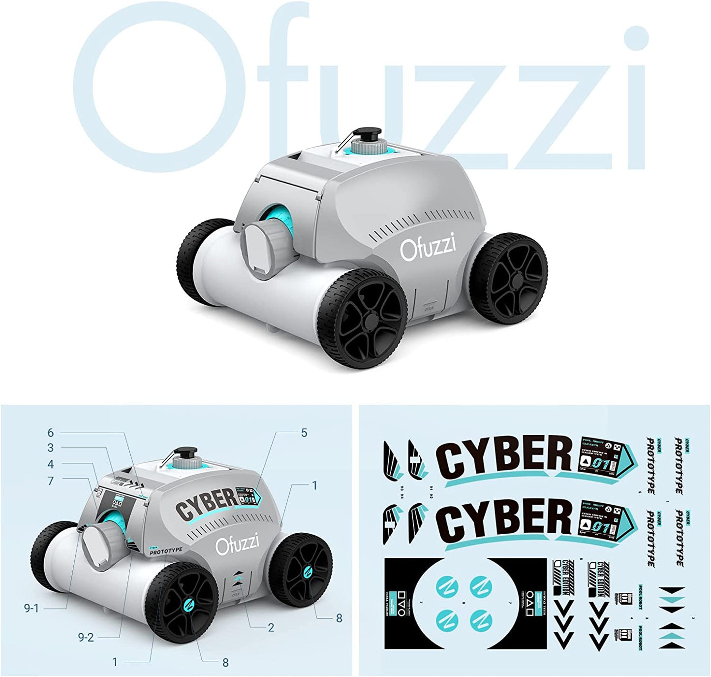 Ofuzzi Cordless Robotic Pool Cleaner, Max.120 Mins Runtime, Gray